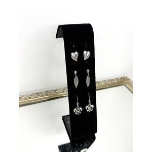 Set of three Silver Tone Vintage Earrings, Silver Heart Studs, Leave Drop Earrin